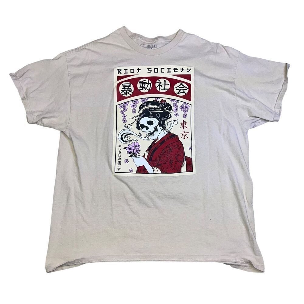 Riot Society Shirt Size M Adult Geisha Girl Skull Skeleton Size XL Tan